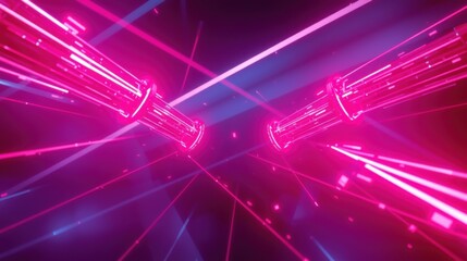Fototapeta premium Abstract neon tunnel. Bright pink, blue lights create futuristic perspective. Geometric shapes intersect, forming dynamic visual effect.
