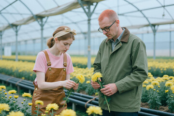 Obraz premium Young adult woman and middle aged man inspecting chrysanthemum flowers in greenhouse, supporting horticulture training and crop quality control. Medium shot for agriculture business marketing