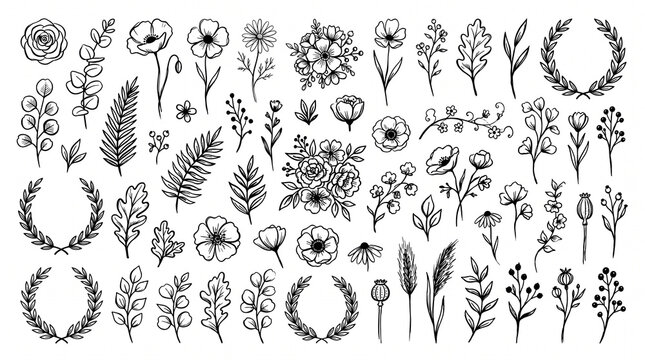 Creative floral brush vector collection with hand drawn botanical elements, wreaths, flowers, and decorative foliage. Perfect for wedding invitations, greeting cards, branding, scrapbook projects, soc