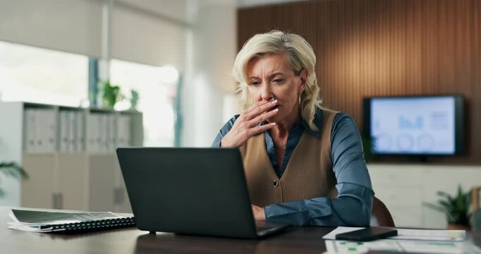 Shock, woman or stress on laptop in business for phishing email, security breach or banking fraud. Accountant, mature person or worry with tech in office for missing audit report, job risk and crisis