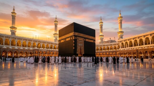 The sacred Kaaba glows at sunset in Masjid al-Haram, Mecca, surrounded by devout pilgrims. An iconic symbol of Islamic faith and spiritual journey.