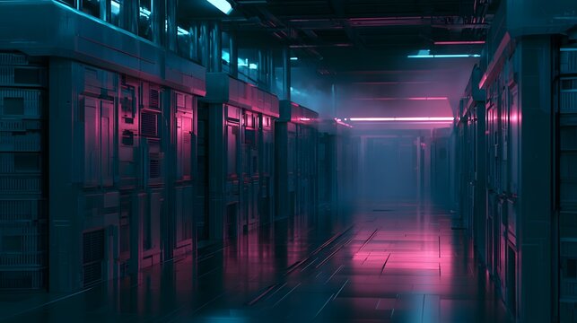 Immersive server farm interior reveals a futuristic technological landscape bathed in cool cinematic light