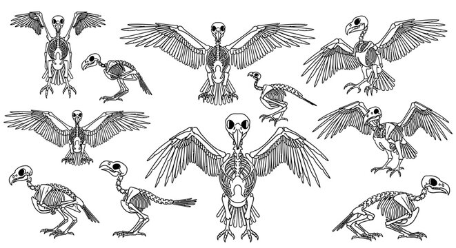 Collection of bird skeletons flying.