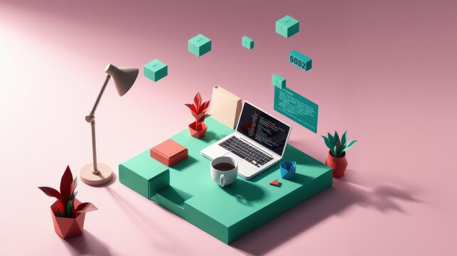 Isometric workspace. Laptop, lamp, coffee cup, plants present. Cubes float above desk surface. Minimalist design, pastel colors dominate scene.