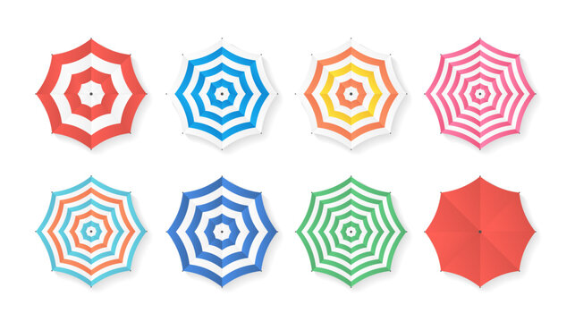 Set of colorful beach umbrella with striped patterns and shadows, top view. Ideal for summer vacation design, travel graphics and resort themes