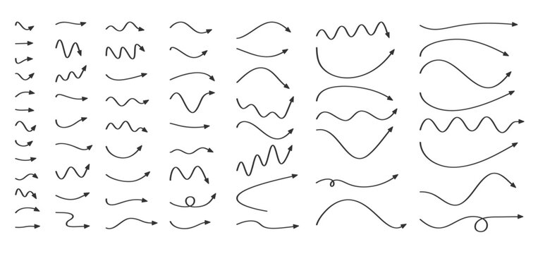 Hand drawn set of various curved and wavy arrows
