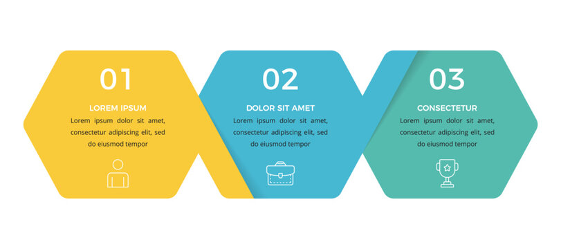 Infographic template with three hexagon shaped elements designed for business presentation or workflow process visualization
