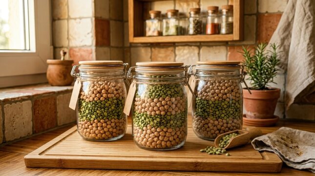 Transparent containers showcasing layers of colorful legumes, organized glass jars with chickpeas and split peas on a wooden kitchen board for rustic home storage and healthy cooking pantry ideas.