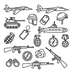 Obraz premium Military Icons Set: Aircraft, Tank, and Gear Outline