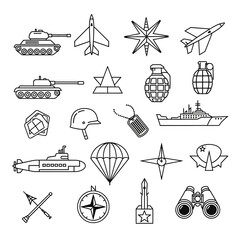 Obraz premium Military Icons Set: Line Art Elements of Warfare, Vector Illustration