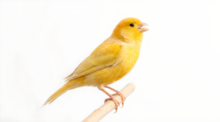 Fototapeta premium Yellow Canary Bird Perched on Wooden Stick Isolated on White Background