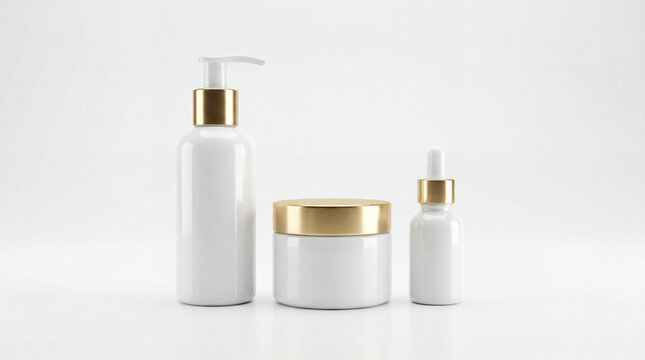 A set of 3D rendered white cosmetic bottles with golden caps isolated on a prist