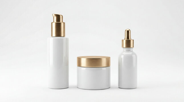 A set of 3D rendered white cosmetic bottles with golden caps isolated on a prist
