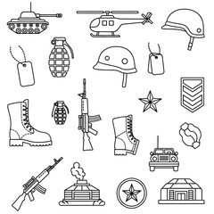 Obraz premium Military Equipment & Symbols: Flat Line Art Illustration