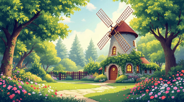 Forest mill cottage with ivy covered stone tower. Peaceful woodland garden for rustic countryside decor. Charming blade house surrounded by trees and blooms