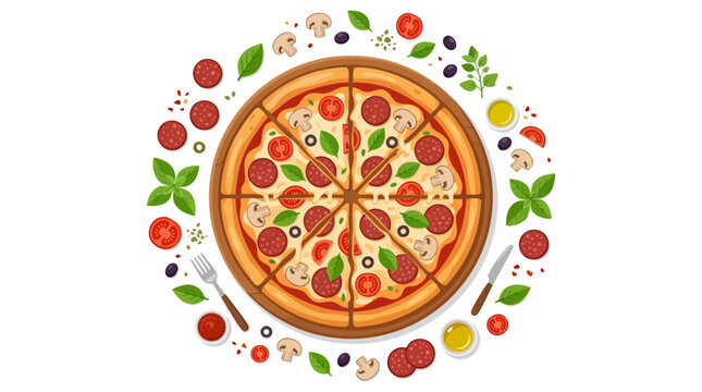 A delicious whole pizza, cut into slices and garnished with fresh ingredients, arranged in a circle with a fork and knife on a white background