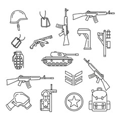 Obraz premium Military Equipment Icon Set: Weapons, Vehicles, Uniforms, and Gear