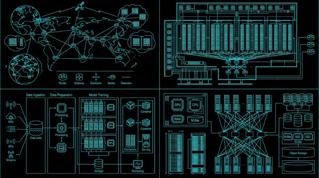 AI Infrastructure Cloud Architecture Blueprint Technical Drawing Vector Set Multi View Cyan Outline on Black Background