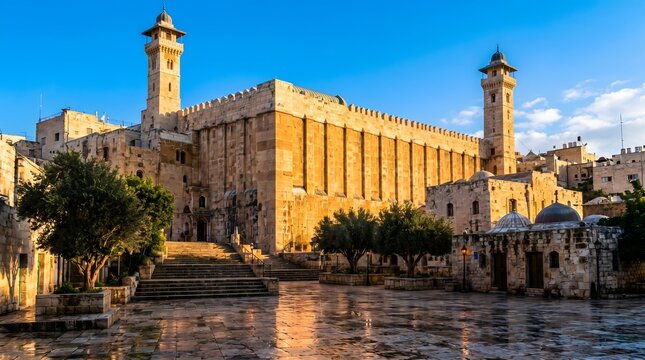 A majestic view of the historic Cave of the Patriarchs (Ibrahimi Mosque) in Hebron, bathed in warm golden light, reflecting on a wet stone plaza under a clear blue sky.