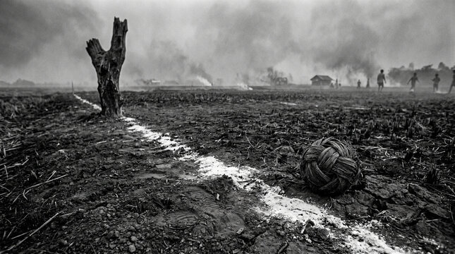 Abandoned soccer ball lies on a devastated field with a tree stump and smoke in background