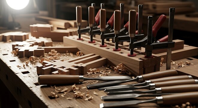 Woodworking Clamps and Chisels Arranged on Wooden Workbench in Warm Workshop