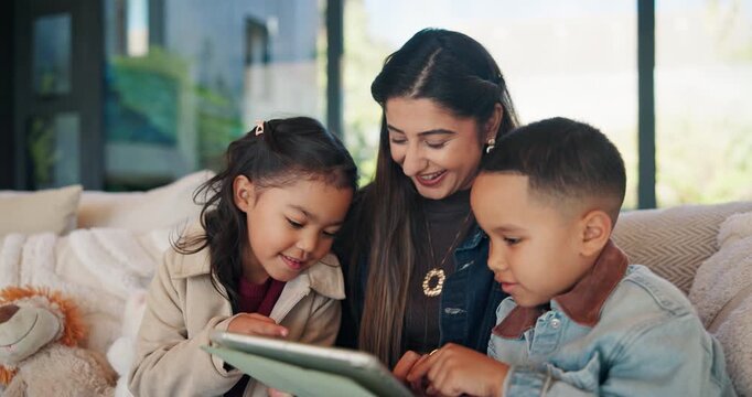 Mother, children and game in living room with tablet, education website or bonding together on weekend. Happy, woman and kids in home with tech, online gaming and siblings learning with mom on couch.