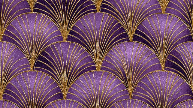 A vibrant purple and gold patterned wallpaper with an art deco design