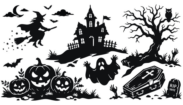 Collection of Halloween silhouettes. Haunted house, creepy tree, flying witch, pumpkins, halloween ghost, owl, coffin lid etc