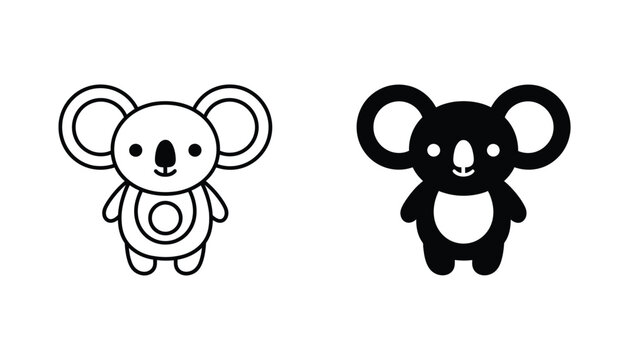 Cute baby koala icon set featuring friendly marsupial animal character in minimalist black and white line art and solid vector graphic design for children apparel and nursery decor