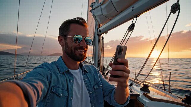 Man on sailboat at sunset perfect for wellness retreats and nature documentaries