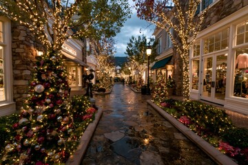 Fototapeta premium Shopping street decorated with Christmas lights and trees