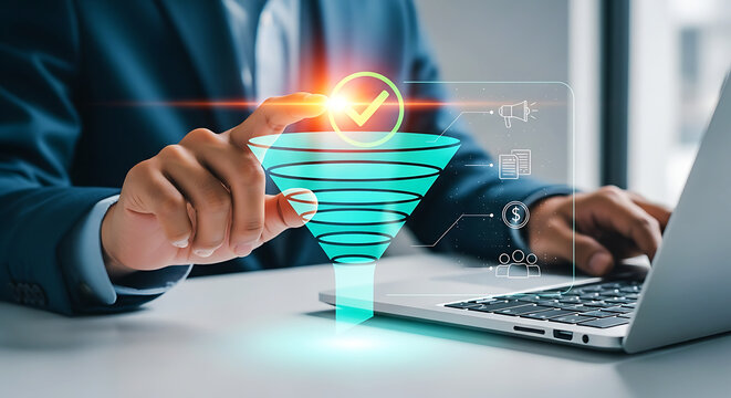 Business professional optimizing a virtual sales funnel for successful lead generation and data processing