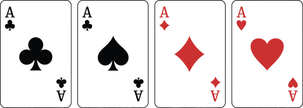 Playing card symbols vector set, ace of spades hearts clubs and diamonds icons for casino branding and mobile gaming design.