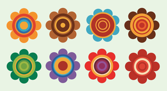Colorful abstract mandala flowers with gradient petals in a circular pattern