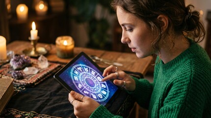 Fototapeta premium Woman using tablet to study zodiac wheel. Astrologer checking horoscope and celestial star sign on digital device. Esoteric practice, mysticism, fortune telling and spiritual guidance.