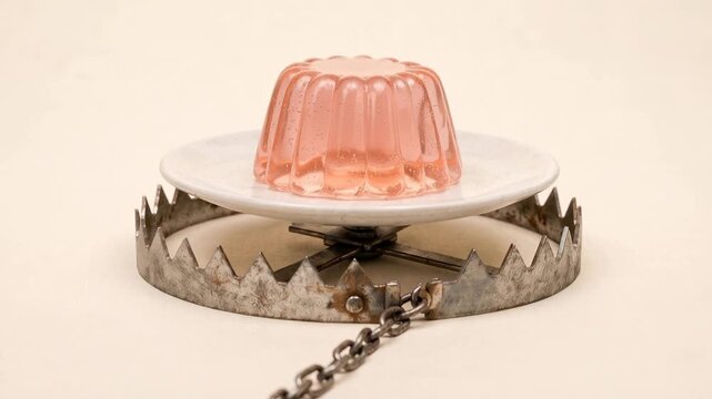 Deceptive dessert placed on a toothed metal trap, showing a pink gelatin sweet as a visual metaphor for hidden danger, temptation, risk, and misleading attraction