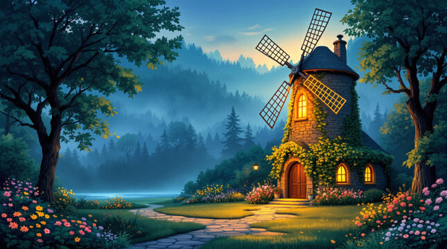 Ivy windmill cottage at dusk with winding garden path. Evening mill house beside flowers and distant valley. Charming rural scene for travel poster or book cover
