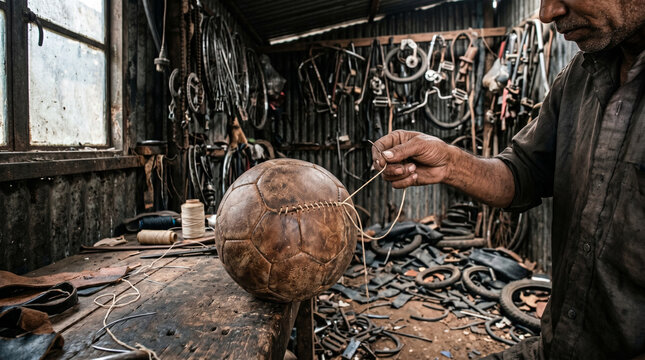 Skilled craftsman stitching a vintage leather soccer ball in a cluttered workshop environment