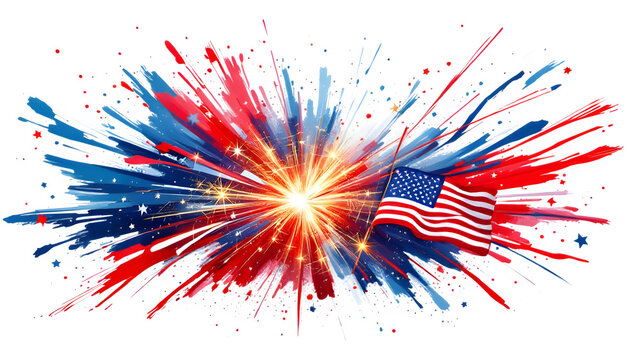 American flag with red white and blue fireworks explosion isolated on transparent background
