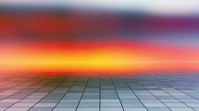 Geometric grid floor extends to vibrant sunset horizon with fiery colors