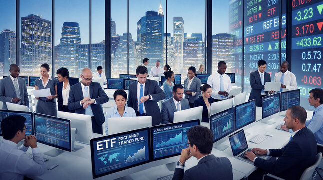 a sleek and modern professional photo of a stock market trading floor with computer