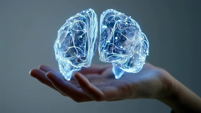 Glowing blue holographic brain projection floating above open human hand in futuristic technology concept