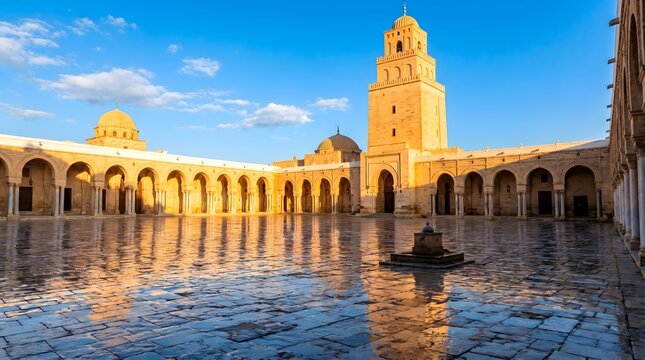 The majestic Great Mosque of Kairouan courtyard in Tunisia, featuring its iconic minaret, intricate arcades, and reflective pavement under a clear blue sky, evoking ancient beauty.