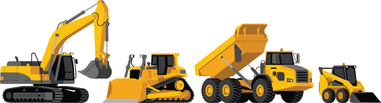 Construction Vehicle Collection Vector Illustration Featuring Excavator Bulldozer Dump Truck and Skid Steer Loader Machinery