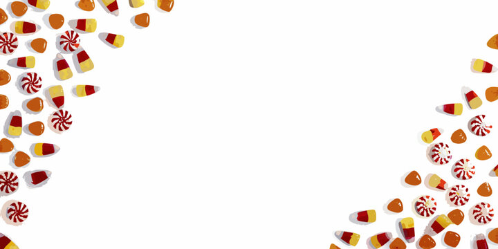 Candy corn arrangement with peppermint candies white background