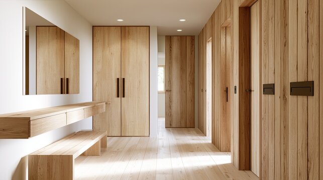 Modern hallway with light wood finishes, recessed lighting, and a mirrored cabinet