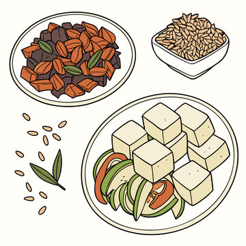 Tofu with fresh vegetables and brown rice meal set saut ed plant based vegetables vegetarian