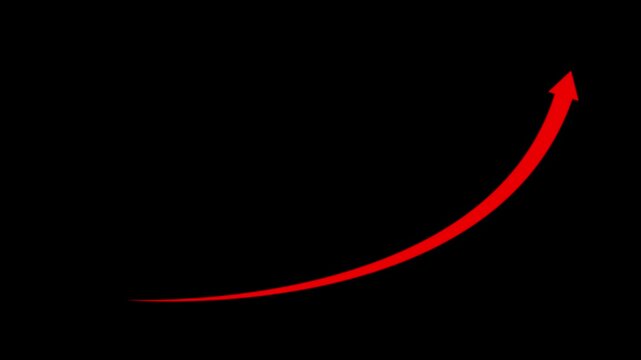 Red growth arrow moving upward on black background, for business success, and financial analytics