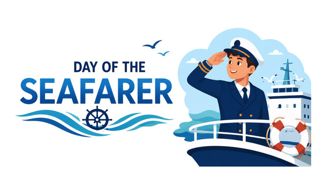 Professional seafarer appreciation vector illustration with marine officer on cargo vessel, ocean scene and nautical symbols for maritime industry design