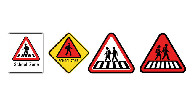 Set of school zone and pedestrian crossing road signs for traffic safety